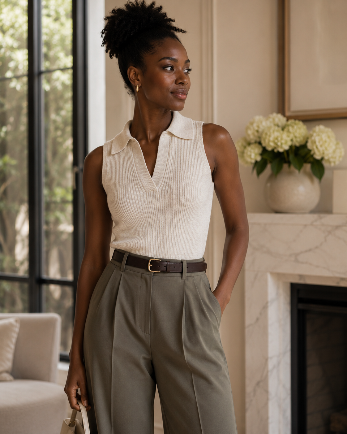 Woman wearing a cream sleeveless collared knit with olive trousers