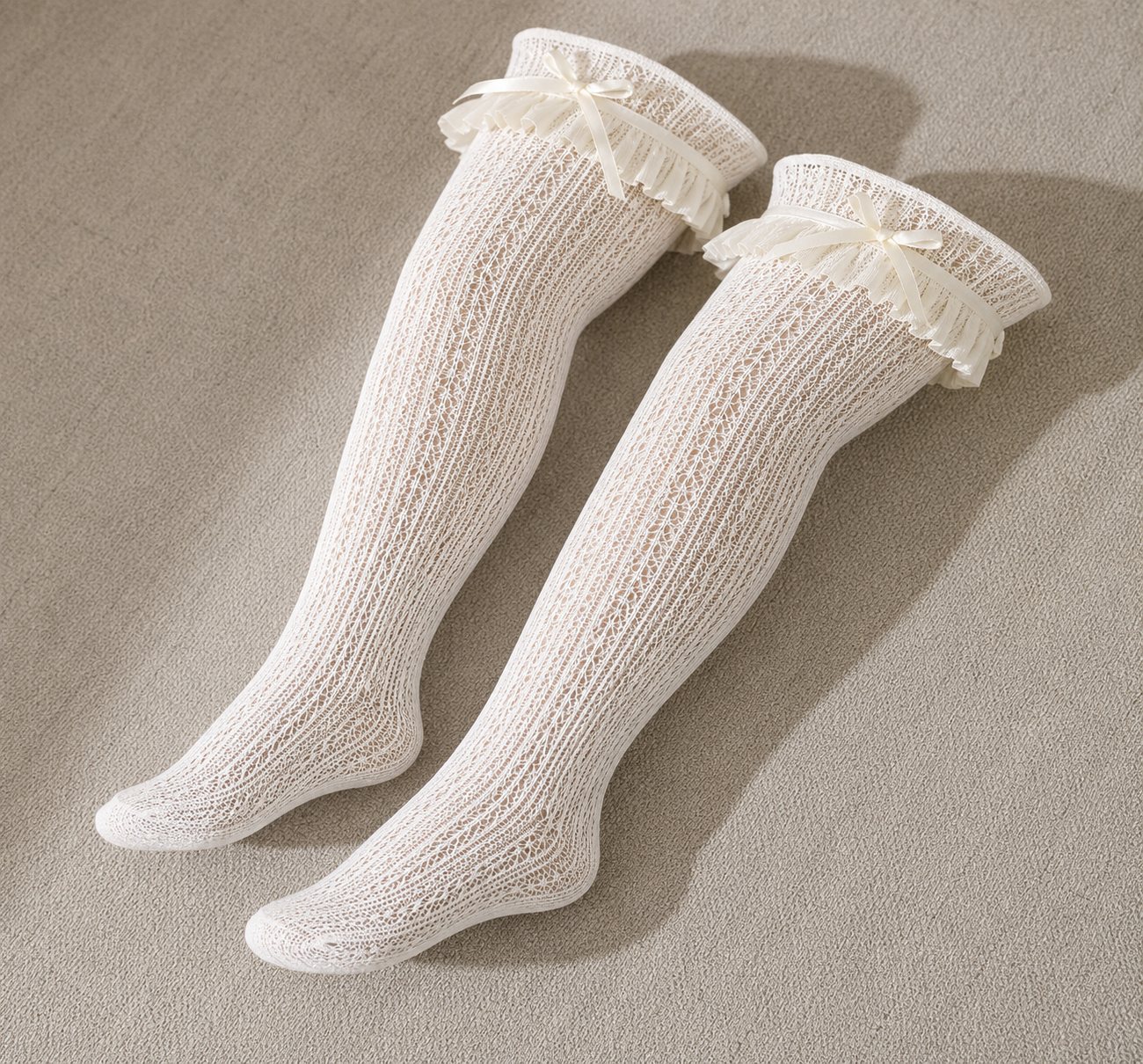 White Lace Bow Thigh-High Stockings