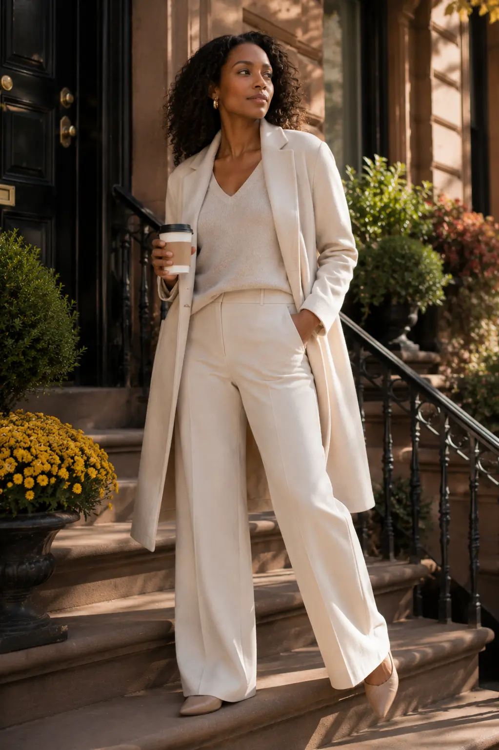 Woman wearing a long ivory coat and knit top on brownstone steps
