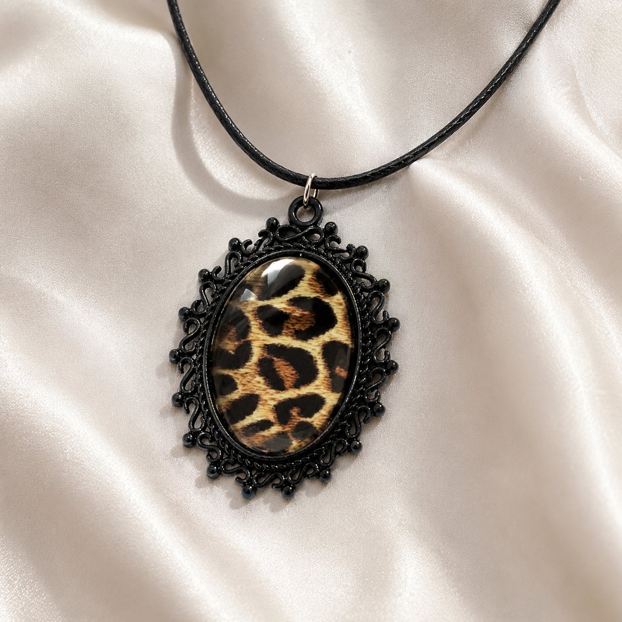 Leopard Print Gothic Oval Pendant Necklace