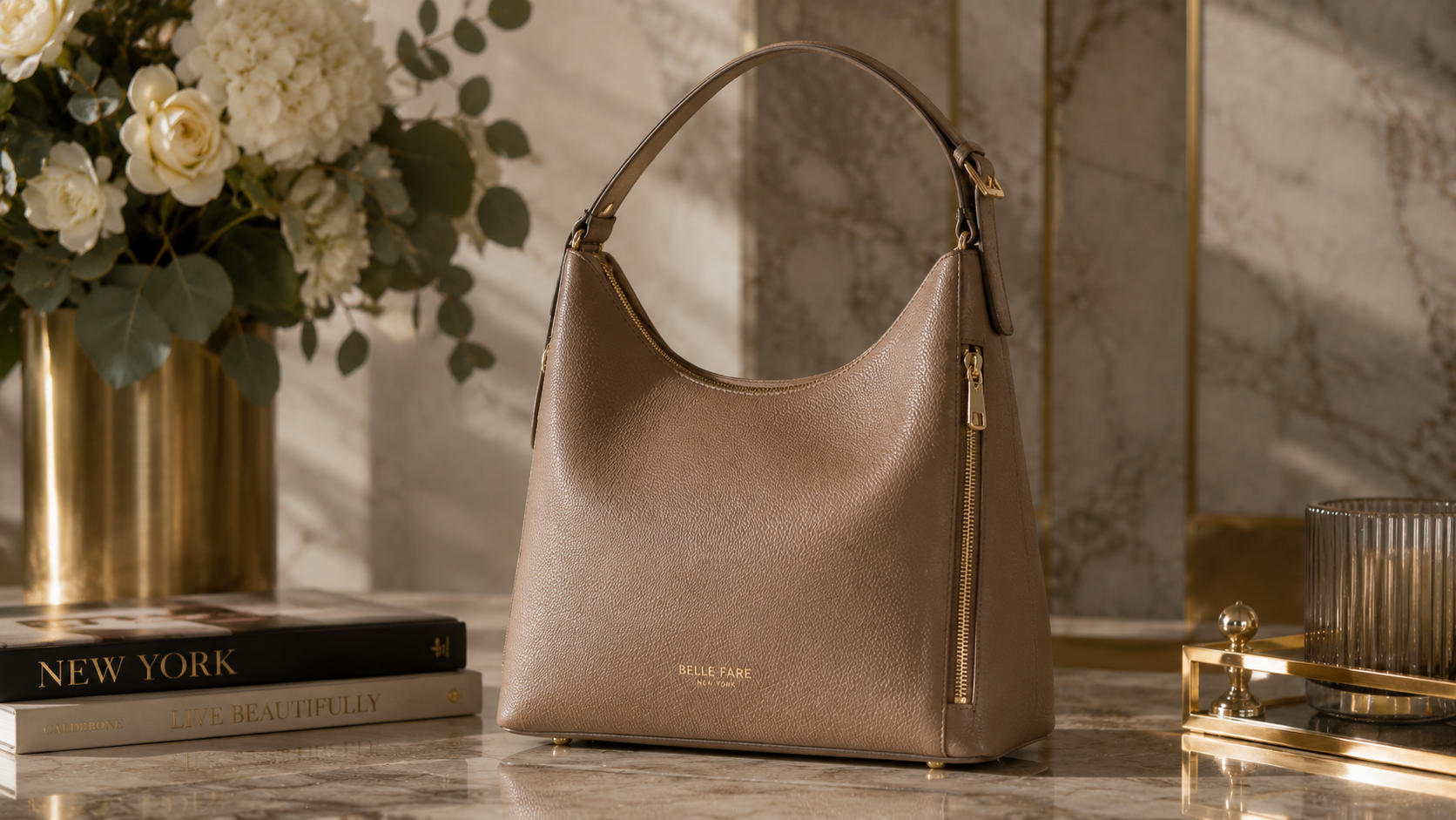 Belle Fare sponsored campaign — taupe pebbled leather hobo bag with gold hardware photographed on marble beside white roses