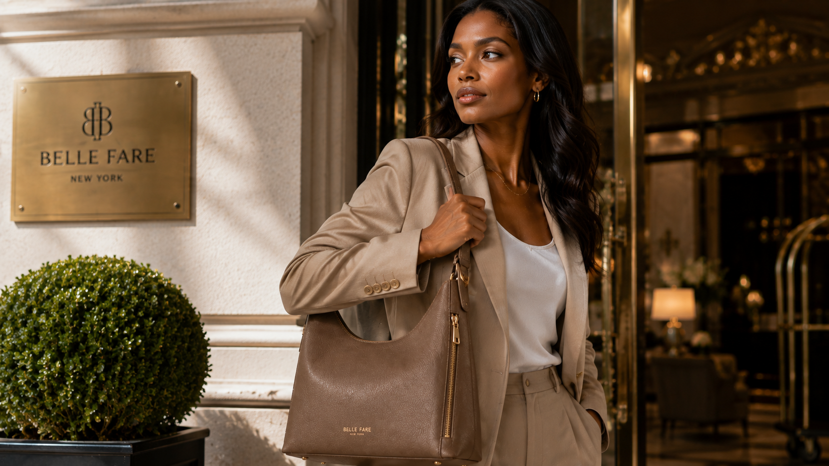 Belle Fare sponsored campaign — woman in a tan blazer carrying the taupe leather shoulder bag past a brass Belle Fare plaque