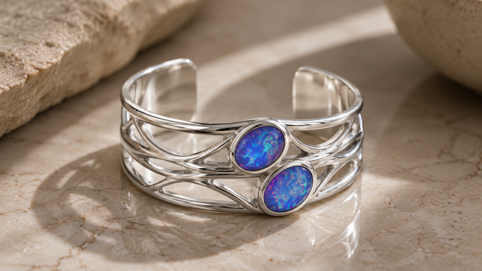 VY Jewelry sponsored campaign — sterling silver cuff set with two blue opal cabochons, shown in close detail