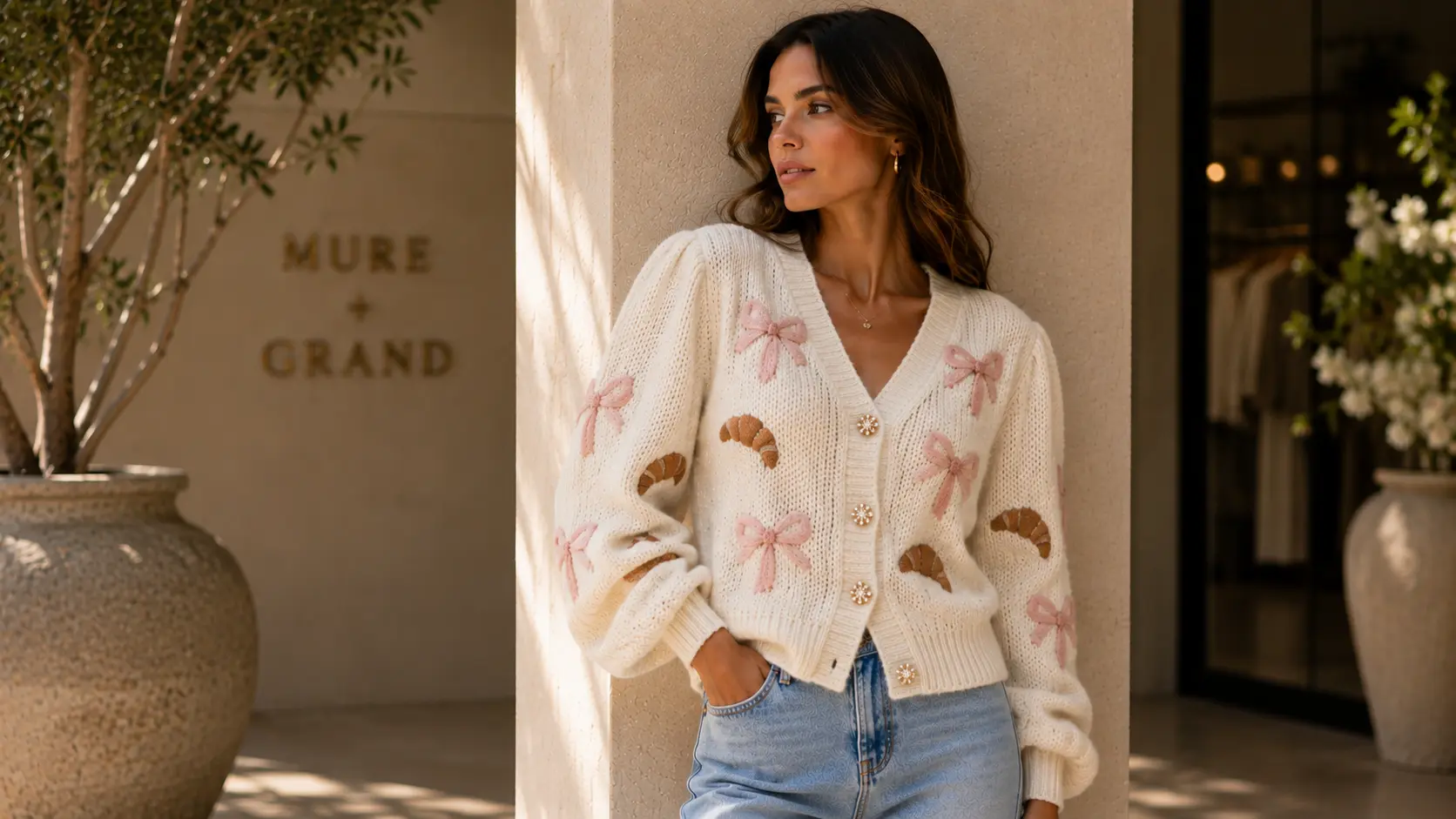 Mure + Grand sponsored campaign — cream cardigan with pink bow and croissant embroidery styled with light denim