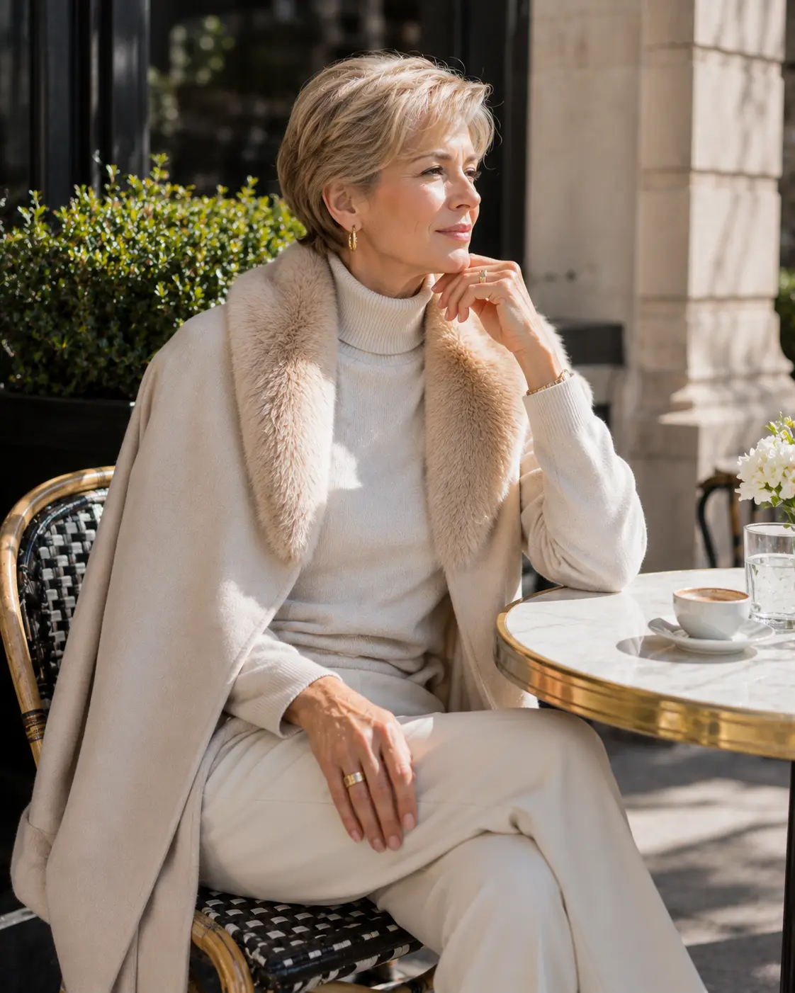 Woman in a cream fur-collar coat and turtleneck seated at a café table