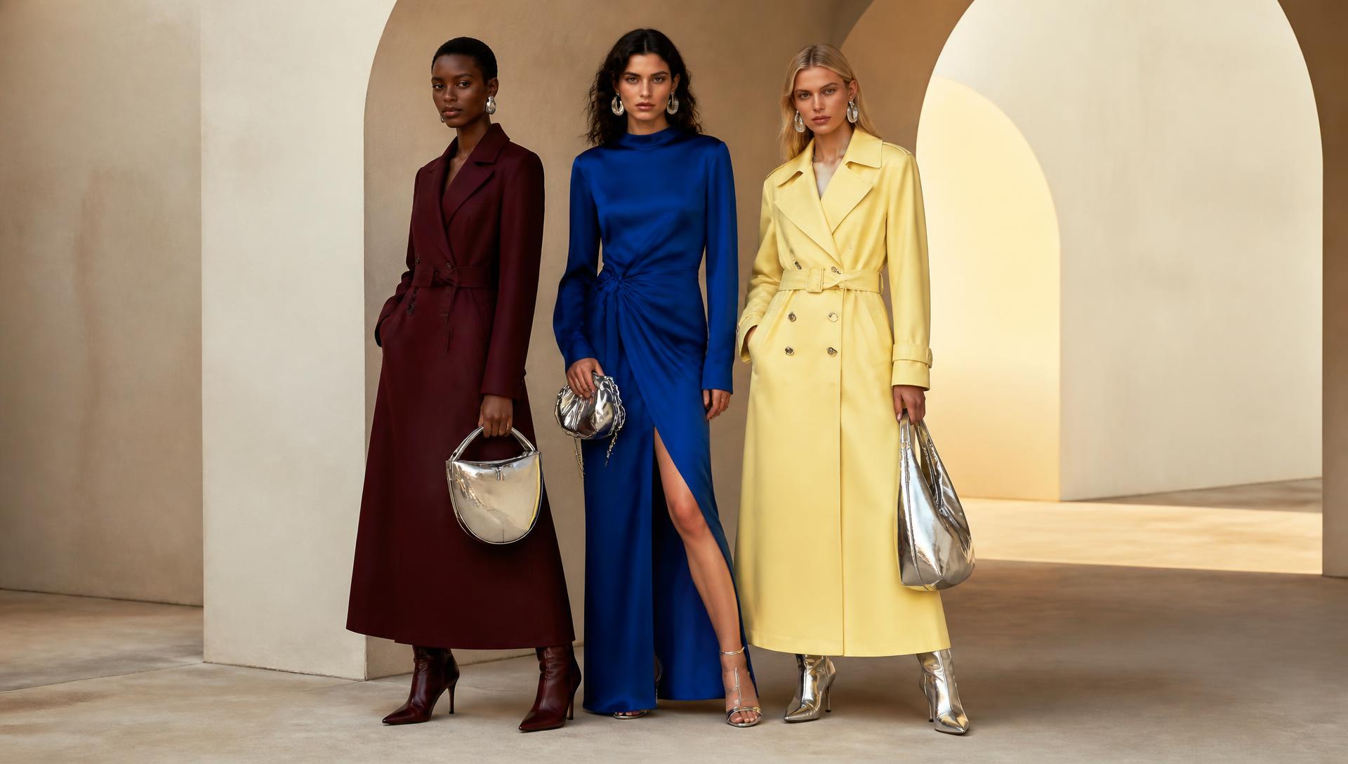 Three models in oxblood, cobalt and butter-yellow tailoring against warm ivory architecture