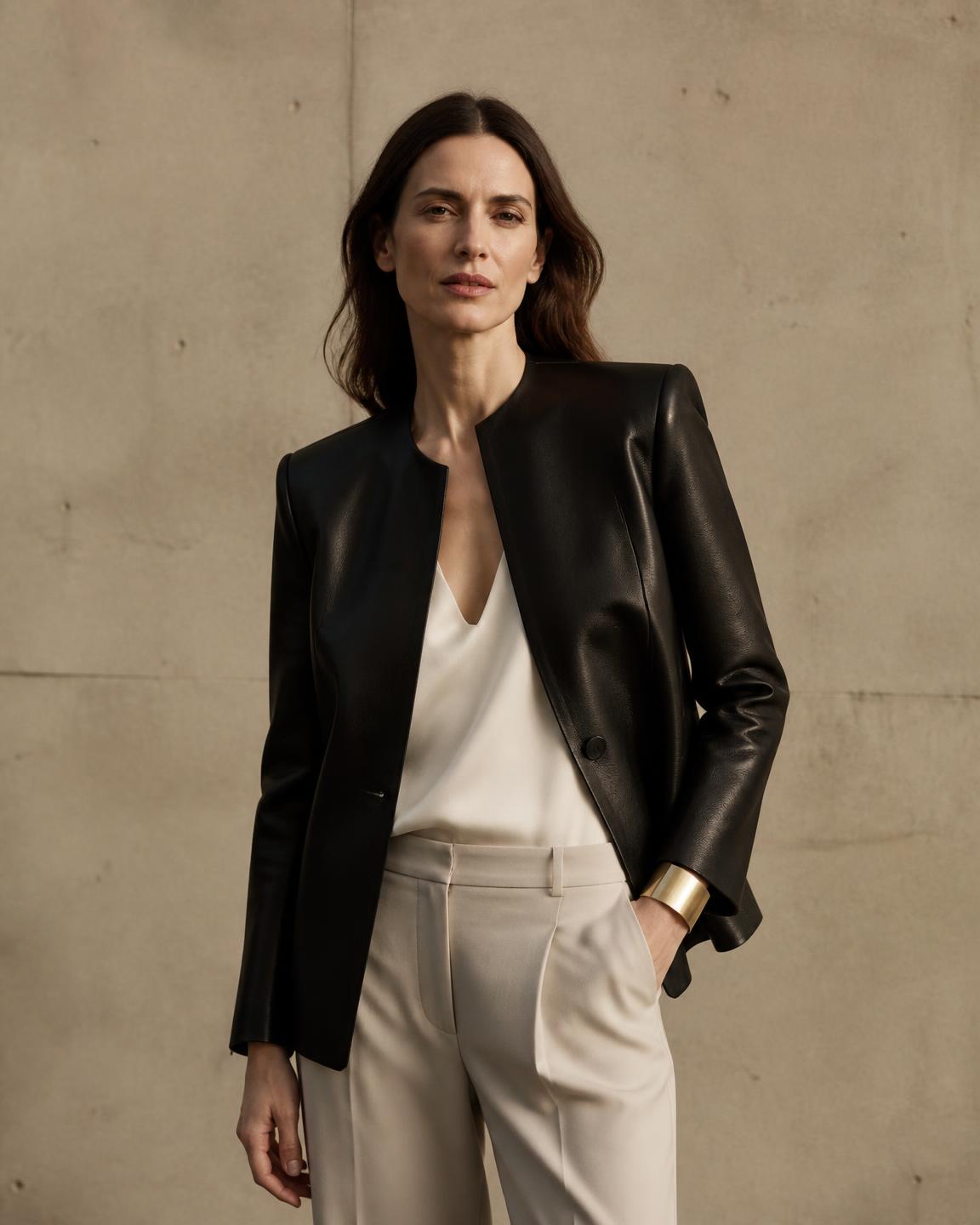 Woman in a structured black leather jacket, silk top and stone tailored trousers