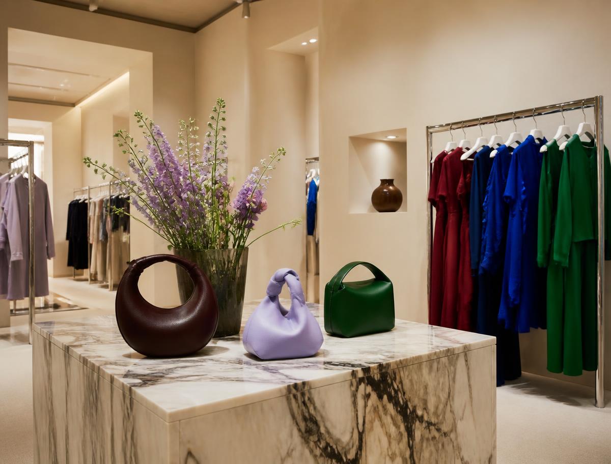 A structured handbag held at the elbow