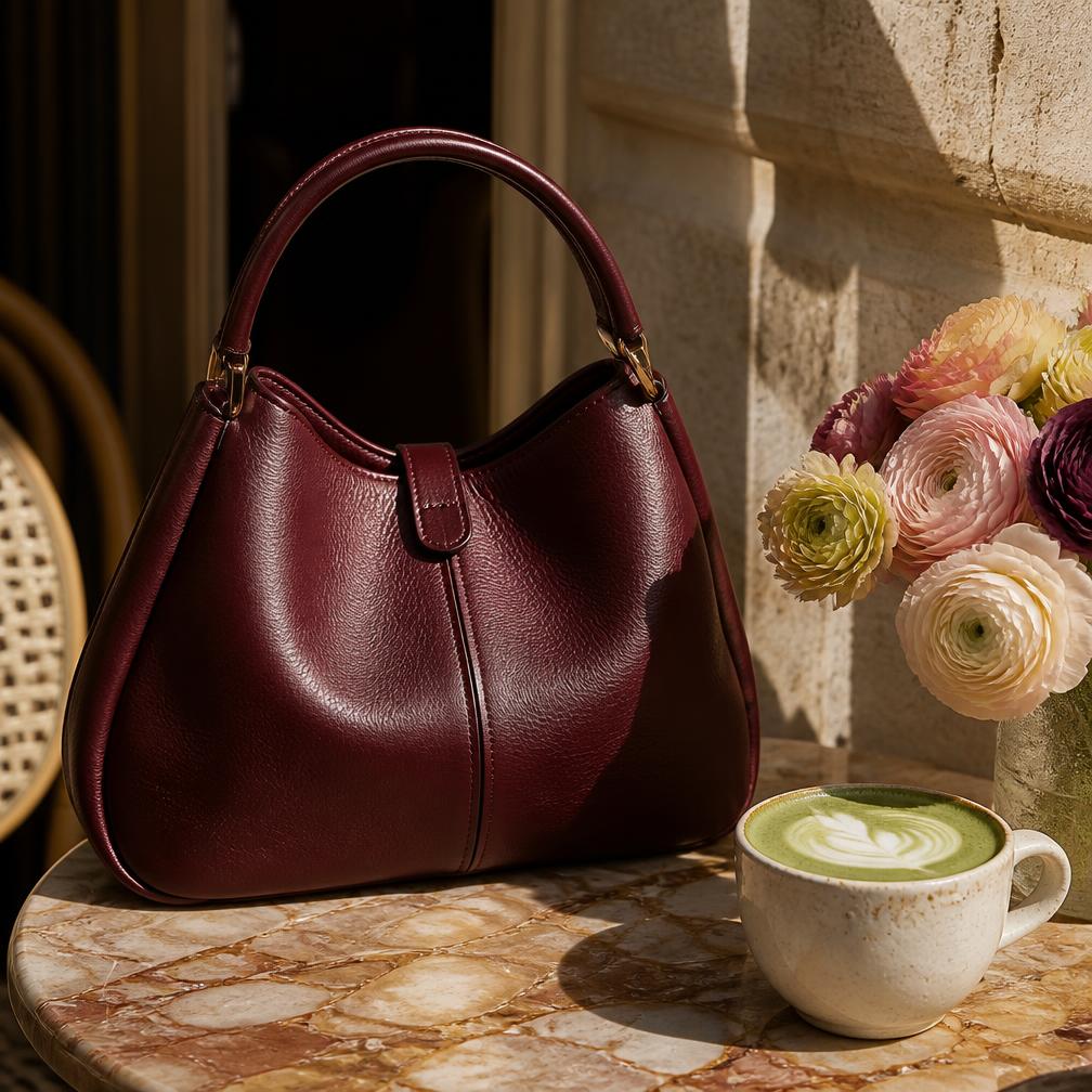 Hands with rings holding a small structured bag