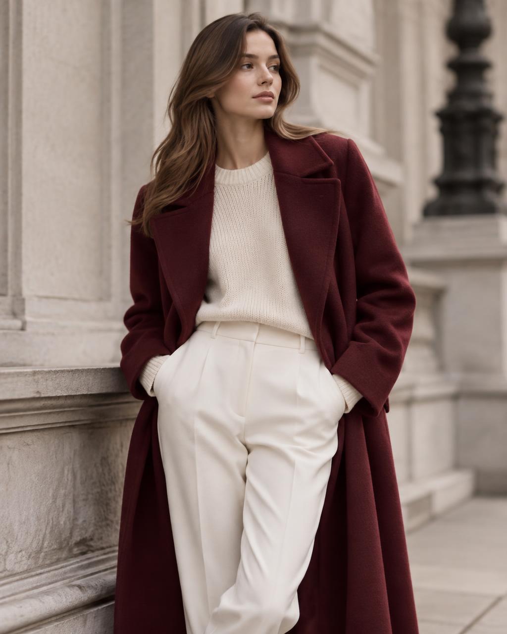 Woman wearing a cream knit and ivory trousers under a deep burgundy coat.
