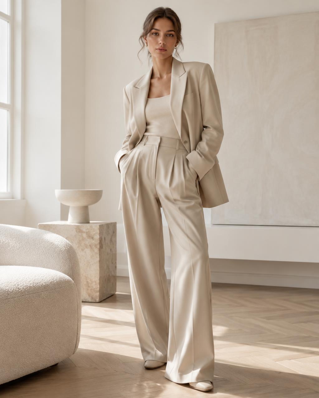Woman in an ivory tailored suit and wide-leg trousers in a modern interior.