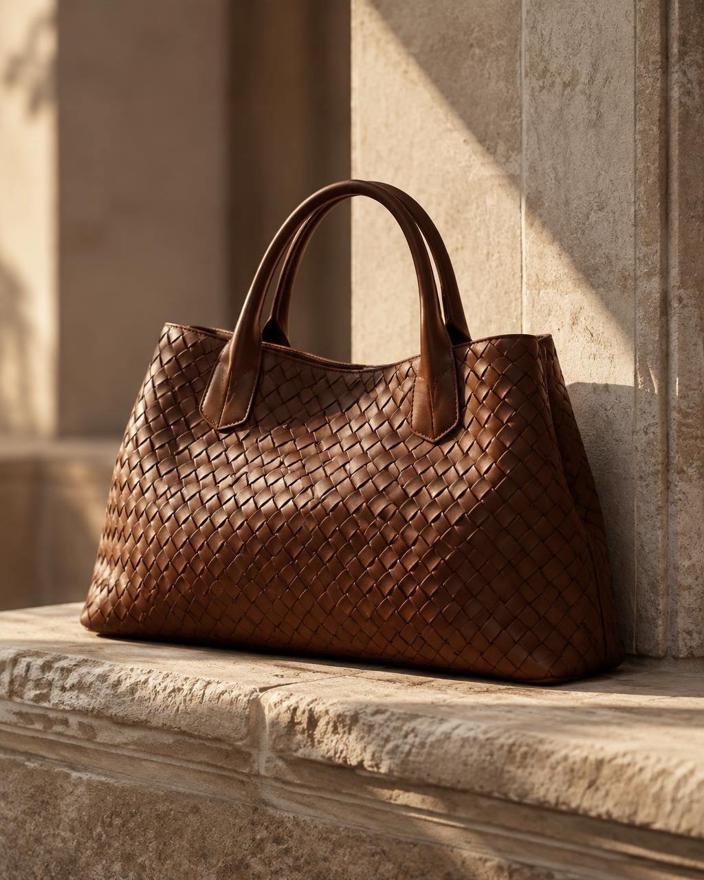 Woven tan leather handbag resting on a warm stone ledge.